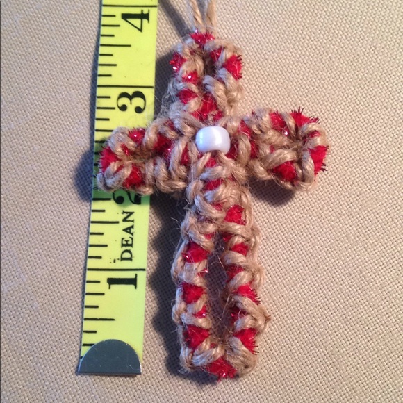 Set of 3 Ornaments Jute Cross Handcrafted Crocheted - Picture 3 of 4